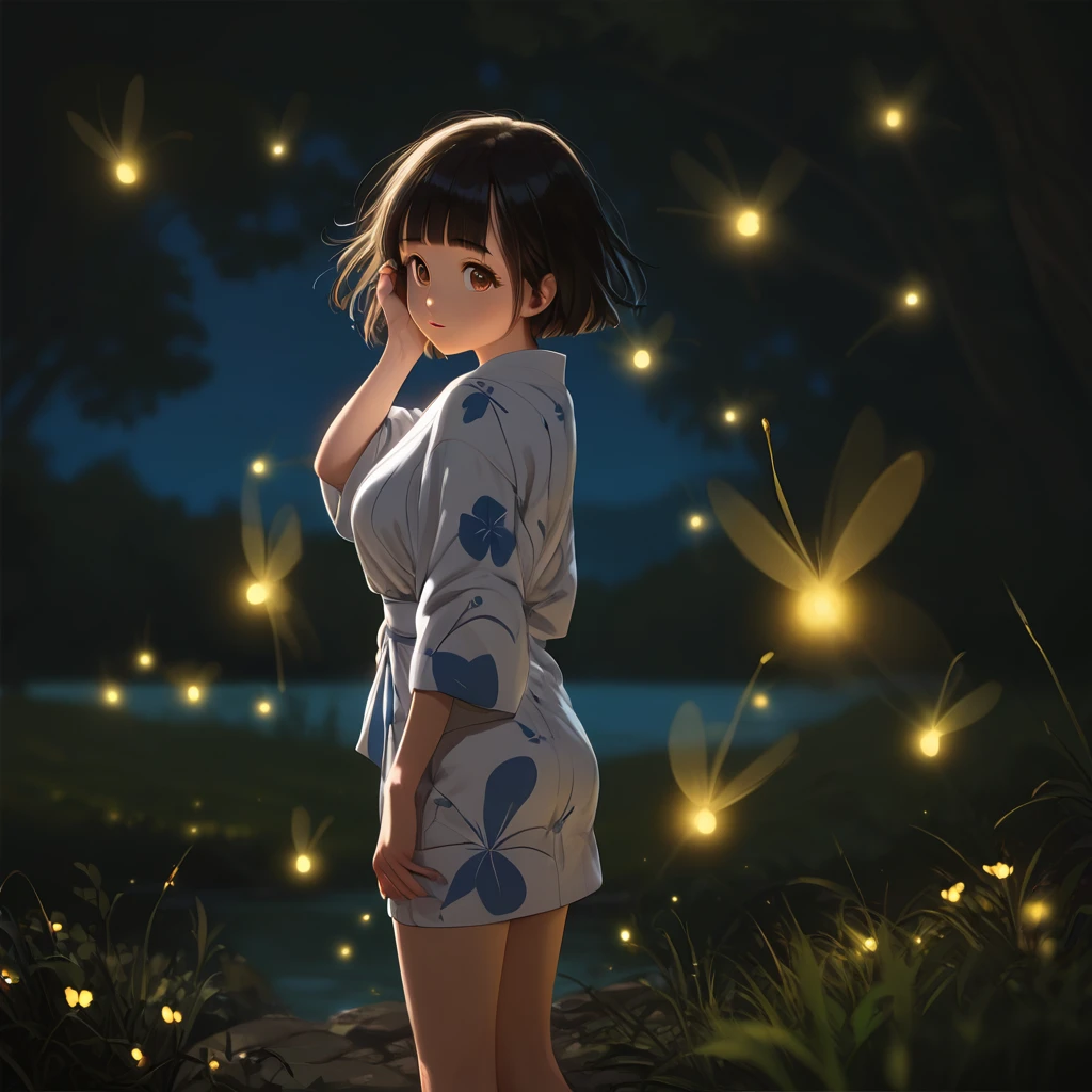 score_9,score_8_up,score_7_up,masterpiece,best quality, source anime, realistic, super detailed, extreme detailed, rating_safe,
1girl, standing, hand in hair, from side,
BREAK girl, 22yo, short hair, bob cut, (blunt bangs), black hair, (tareme, detailed cute brown eyes), curled eyelashes, (large breasts:0.9),
shiny hair, beautiful detailed eyes, beautiful face,
slender, small ass, slim legs,
white yukata, flower printed yukata,
(sad:0.5), parted lips,
outdoors, summer, night, river, bank, grass, wind, (firefly:1.4),
