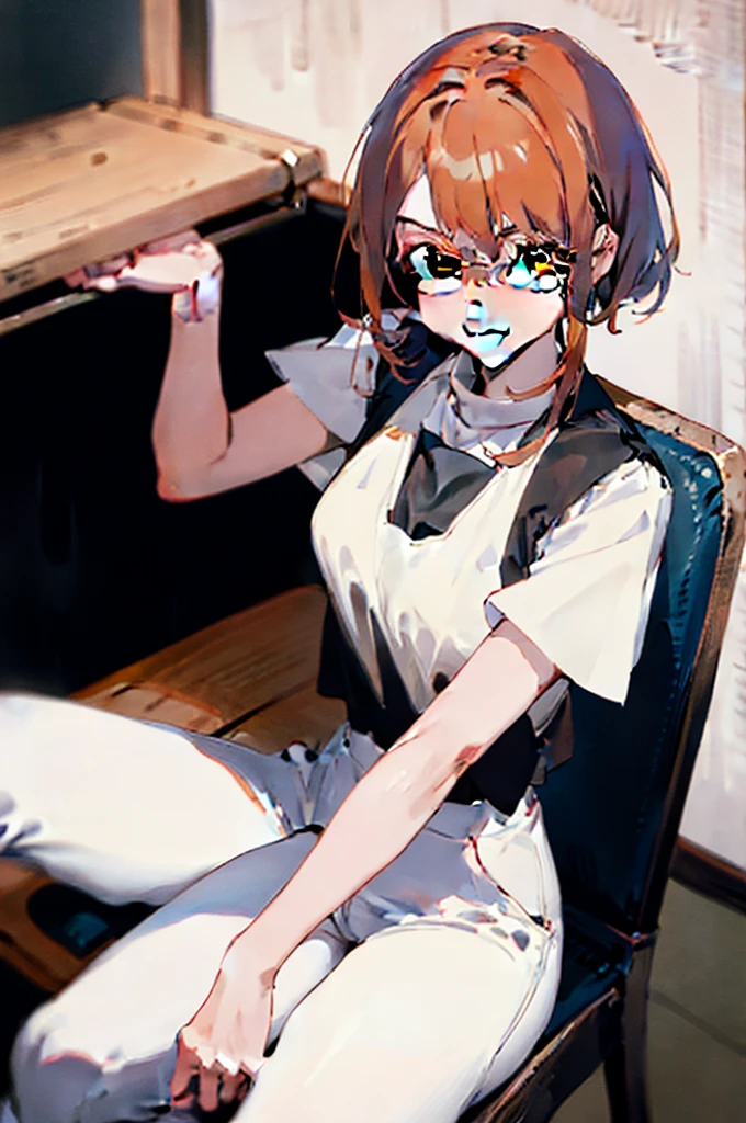 makima in chainsaw man, orange hair, sitting on a chair, bright smiling, wearing a white shirt and a black vest, the hem of her bra shows underneath her shirt, 8k, looking a viewer, very detailed, masterpiece, absurdres