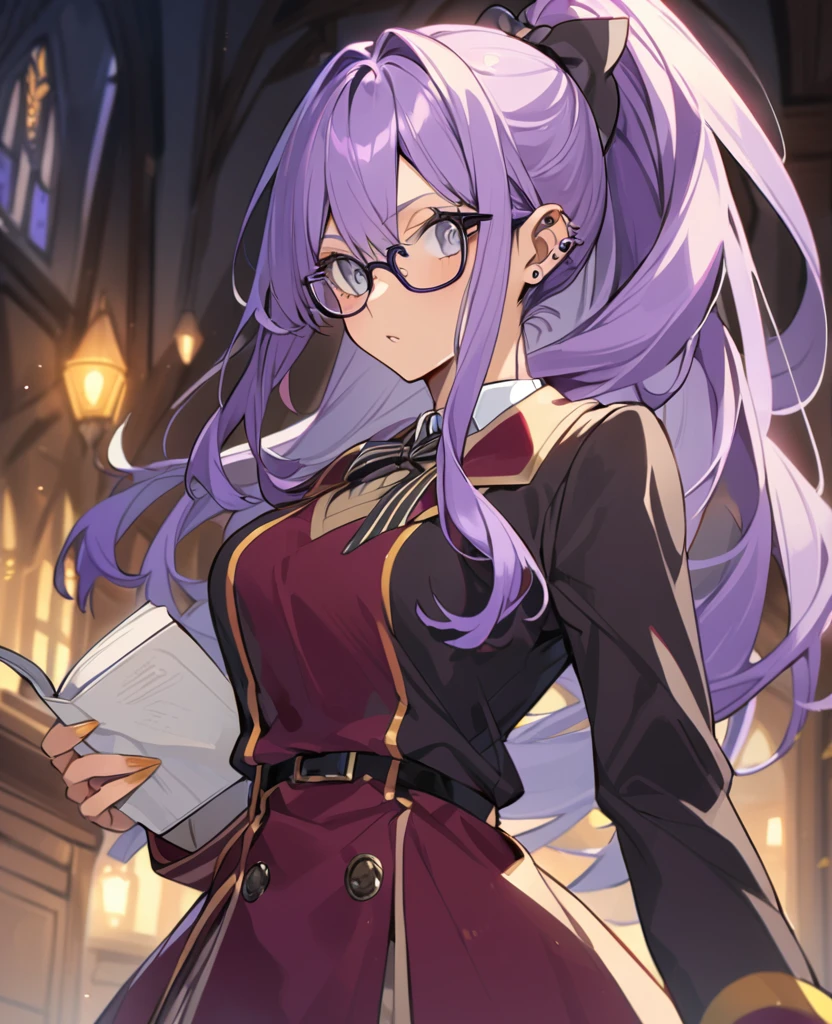 Female,5'5,glasses ,pierced ears,light skin,grey eyes,purple long hair in a high ponytail  ,hogwards uniform