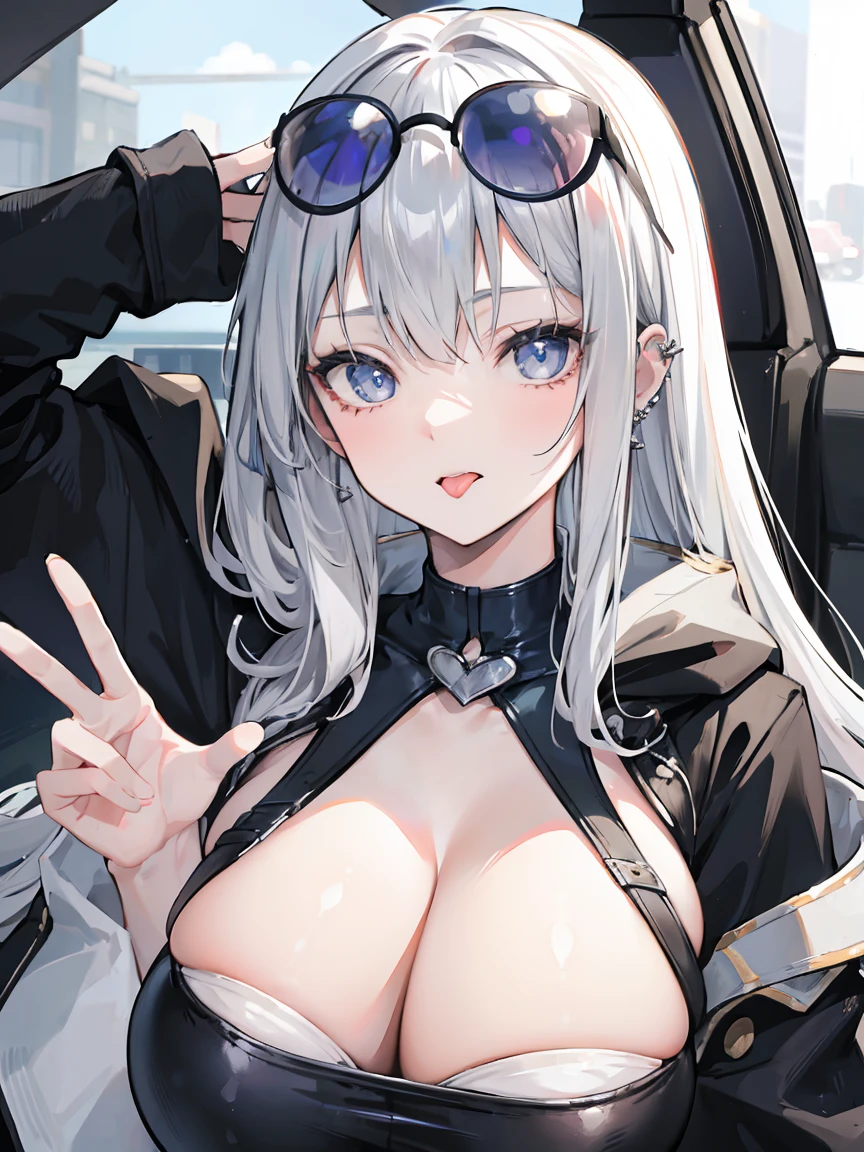 (masterpiece, highest quality:1.2), highest quality, masterpiece, high resolution, Anime style, portraiture, female, long hair, Silver hair, platinum blond hair, oversized coat, bikini, big breast, disproportionate cloak, dark blue eyes, Hold the sunglasses with one hand, pinch her sunglasses, (sticking her big tongue, Vulgar face, Open her mouth boldly, tongue piercing), pull back her chin, neck choker, make a peace signwith one hand, in the car