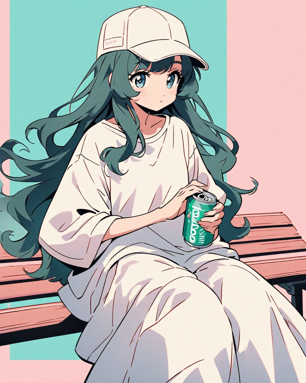 Create an anime-style illustration of a young woman with long, flowing hair. She is wearing a casual, oversized shirt and baggy pants, paired with a baseball cap. The setting is modern and minimalist, with a two-tone color scheme in the background, using soft pastel colors. The young woman is holding a can of soda and sitting on a bench, with an expression that is calm and relaxed. The art style should be detailed, with an emphasis on the character's facial features and clothing folds."