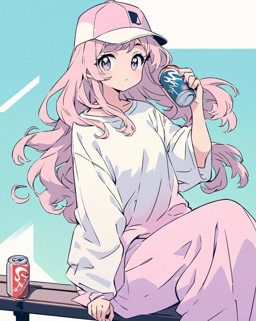 Create an anime-style illustration of a young woman with long, flowing hair. She is wearing a casual, oversized shirt and baggy pants, paired with a baseball cap. The setting is modern and minimalist, with a two-tone color scheme in the background, using soft pastel colors. The young woman is holding a can of soda and sitting on a bench, with an expression that is calm and relaxed. The art style should be detailed, with an emphasis on the character's facial features and clothing folds."