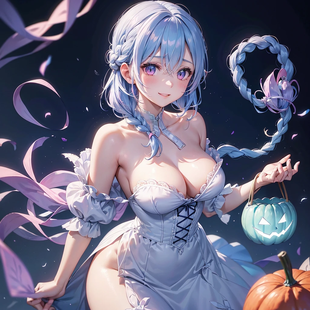 (Light blue medium hair),(Braided hair tied together)、Pink eyes、Fair skin、(whole body)、Halloween、Pumpkin ghost、Trick or Treat、Lollipop、Cosplay、A big smile、A dignified figure、solo、(masterpiece、Highest quality、Very detailed、Best Shadow)、(Detailed Background)、(Beautifully detailed face)、High contrast、(Best lighting、Very delicate and beautiful)、((Cinematic Light))、colorful、Hyper Detail、Dramatic Light、Exquisite detail、
