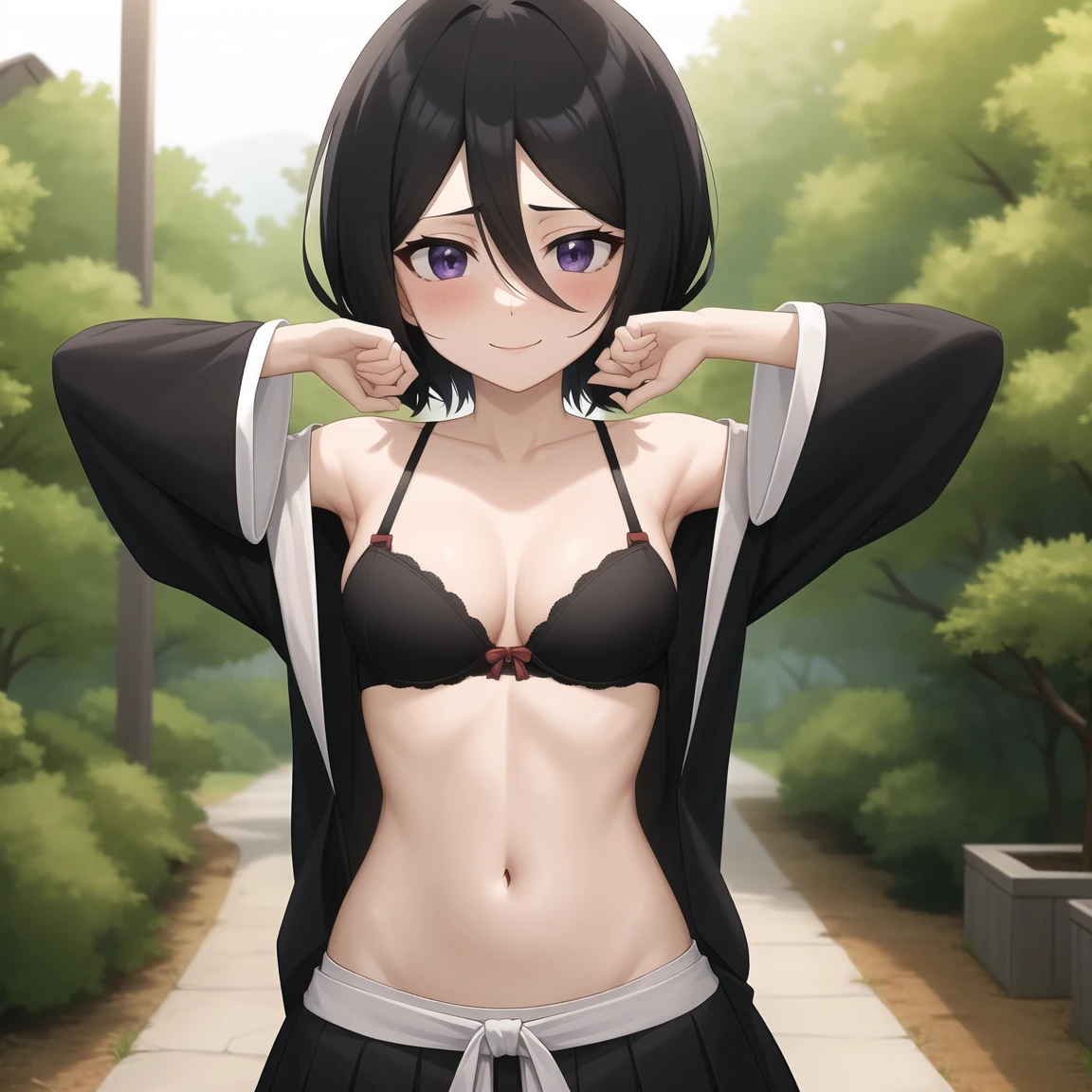 anime screencap, forest,path, 1girl, solo, , short hair, black hair, purple eyes, japanese clothes, smile, looking at viewer, black kimono, hair between eyes, cowboy shot, wide sleeves, facing viewer, black hakama,white_sash, undressing, navel, hand on own stomach, looking down, blush, black bra, medium breasts,