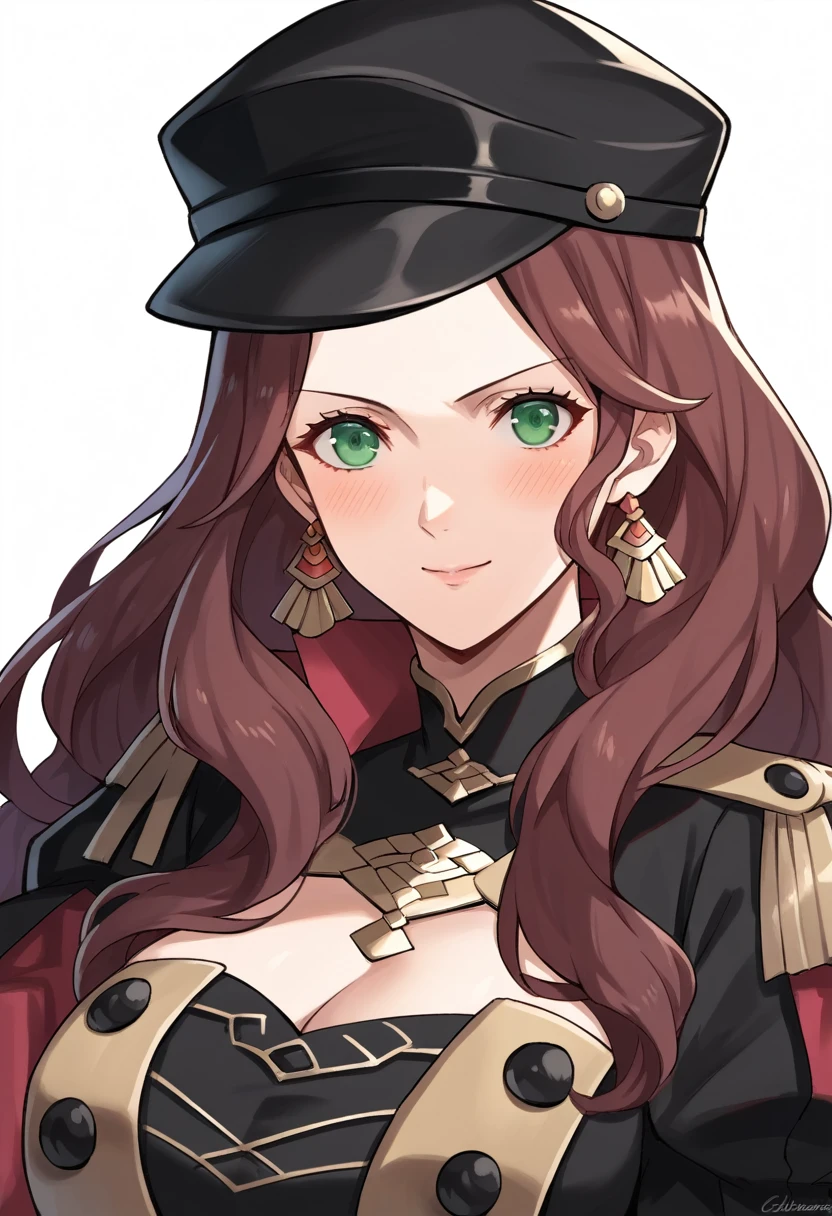 score_9, score_8_up, score_7_up, source_anime, Dorothea (Fire Emblem), bust shot, close-up, black headwear,  (black long-sleeve uniform), brown hair, dangle earrings, gold trim, green eyes, jewelry, large breasts, long hair, black peaked cap, black hat, looking at the viewer, smile, closed mouth, blush, seductive