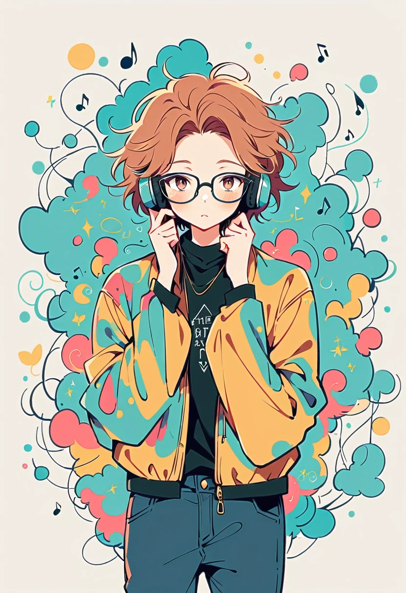 Watase Seizo style, Standing in front of a wall，Simple line initials，Abstract art，A simple background with scattered musical notes, Wear headphones, Large black-rimmed glasses, (((The most beautiful men))), (((a bit)))