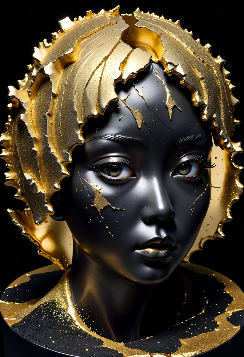 gloom (expression),Eye,((exhibit,Still Life Table,Artistic statues,3D Sculpture,ceramics,Surface cracks,Shattered Texture)), Show the beauty of nature.Kaneko,Gold Dust,portrait, This artwork is presented on a black background,Emphasize its artistic quality.