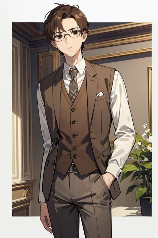 ((Highest quality)), ((masterpiece)), (detailed), One mature male、A photo showing your thighs to the top of your head、Standing facing the camera、Front facing、Brown Hair、Bob、Brown eyes、Glasses、Slim body、Brown jacket、White shirt、Brown knitted vest、Grey trousers、Expressionless、Looking into the distance、White background