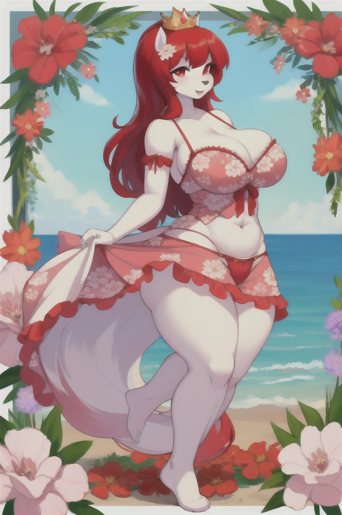 uploaded on e621, questionable content, an extremely talented impressionist painting of a white pony furry fluffy anthro maiden, cleavage, busty, curvy, big breasts, soft, squishy, pudgy, belly, (colorful dress), sexy legs, red eyes, red hair, princess pose, ((showing butt)), ((large floral panties))