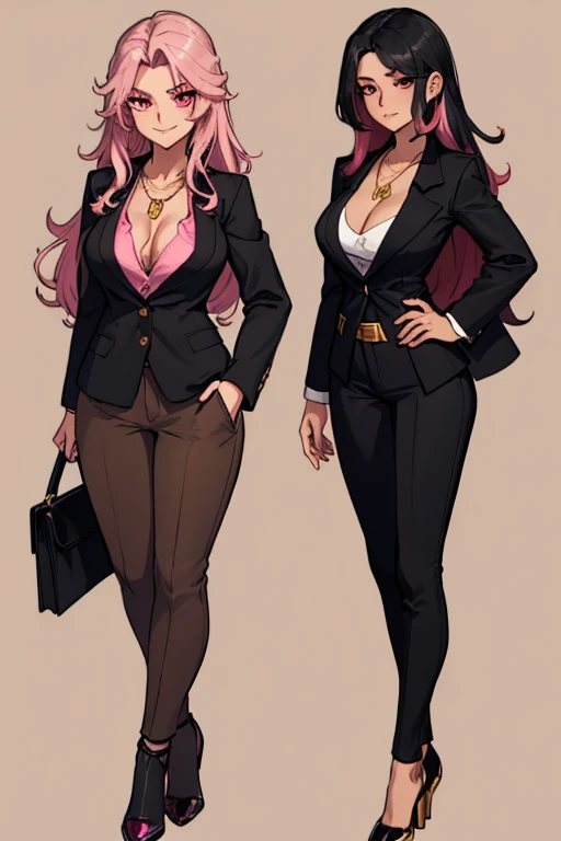 female, silver messy long hair, red eyes, tanned skin, (((1girl))), (((black blazer))), (pink shirt), (tan pants), (black heels), (necklace with gold pendant), cute and sexy, full body, big breasts, long legs, smiling, cleavage