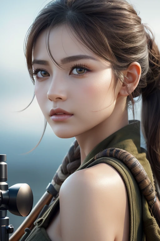 masterpiece、Highest quality、8k、ponytail、Attractive beautiful large almond-shaped eyes、Big black eyes、Long eyelashes、美しい桜colorの唇、A high, well-defined nose、color々Hairstyle、美しく輝くcolor々な髪color、((Realistic:1.3))、Cinematic lighting、Challenging eyes、Bold composition、Detailed face on the market、Detailed、Golden Ratio Face、Ultra-high resolution、Beautifully detailed and realistic white skin、((Sniper))、battlefield、(((Sniperライフル)))、((snipe))、soldier、(((Sniper)))、Camouflage