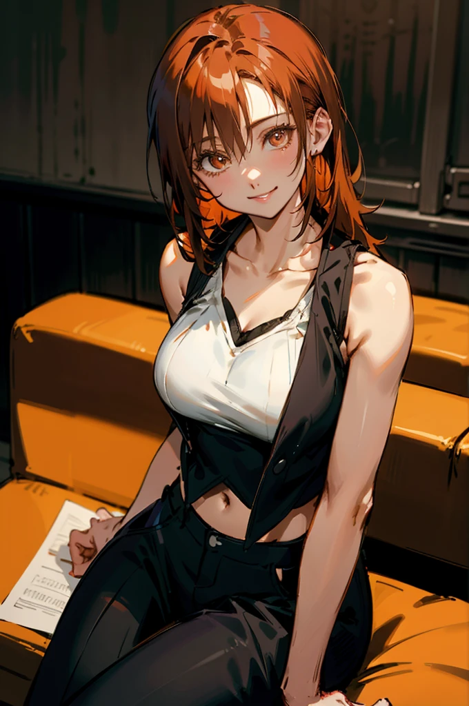 makima in chainsaw man, orange hair, sitting on a chair, bright smiling, wearing a white shirt and a black vest, the hem of her bra shows underneath her shirt, 8k, looking a viewer, very detailed, masterpiece, absurdres