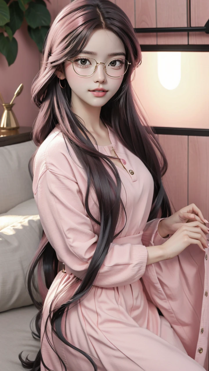 Best quality at best, 1girll, Alone, sportrait , Background with, Medium to long hair, redish pink lips,Wear glasses