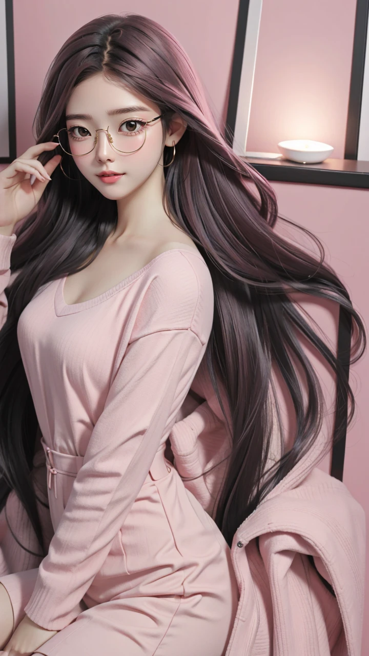 Best quality at best, 1girll, Alone, sportrait , Background with, Medium to long hair, redish pink lips,Wear glasses