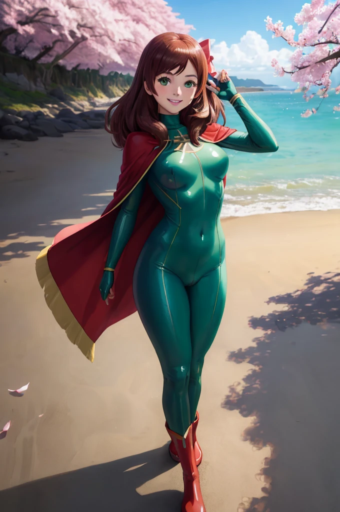 masterpiece, best quality:1.2), 1girl, smile, looking at viewer, green eyes, blue eyes, heterochromia, yuzuriha maimai, sakura minamoto, hair bow, ahoge, brown hair, dressed as superwoman, full bodysuit, green catsuit, red cloak cape, red boots, standing on beach under cherry blossoms