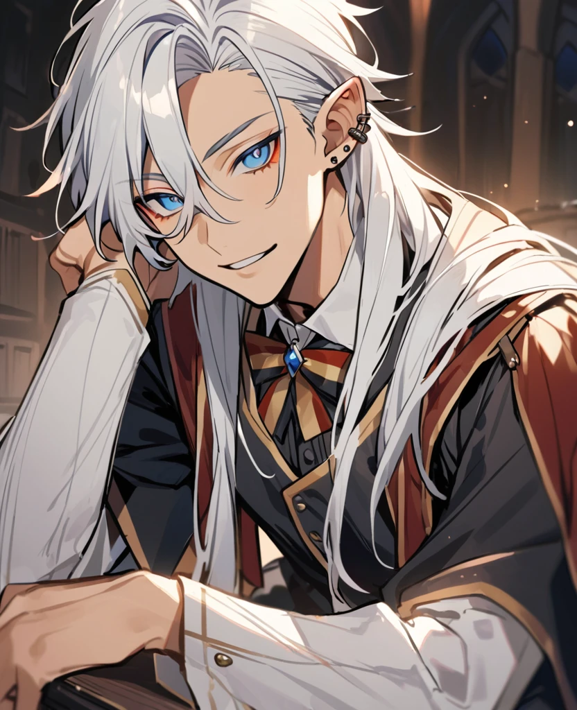 Male,5'4,pierced ears,light skin,blue eyes, white long hair half up half down,hogwards uniform