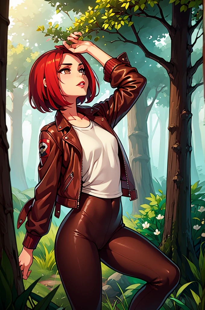cute young girl with a brown bob, bright red lips, a brown short leather jacket with rolled up sleeves, a white T-shirt with a red stripe in the middle, green tight leggings, brown boots, forest in the background, magical forest