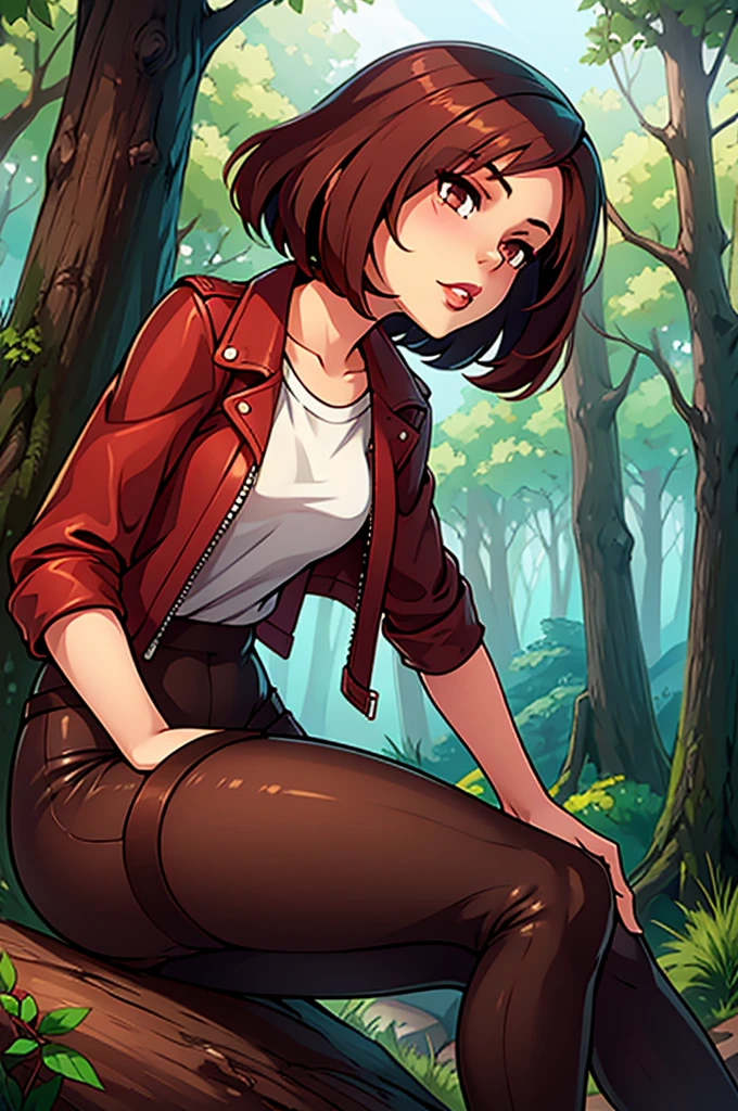 cute young girl with a brown bob, bright red lips, a brown short leather jacket with rolled up sleeves, a white T-shirt with a red stripe in the middle, green tight leggings, brown boots, forest in the background, magical forest