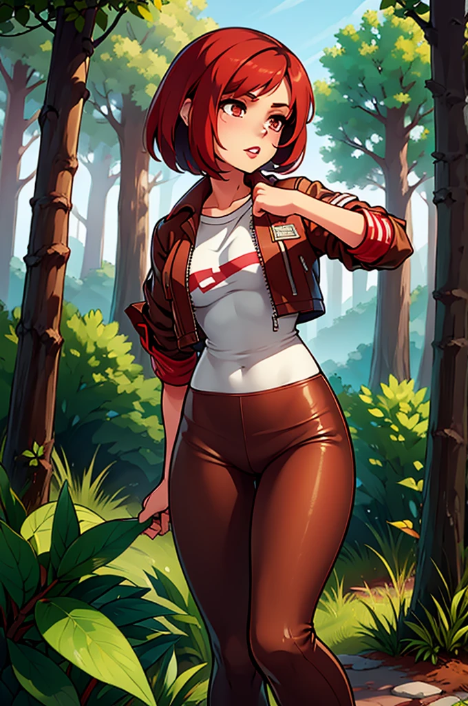 cute young girl with a brown bob, bright red lips, a brown short leather jacket with rolled up sleeves, a white T-shirt with a red stripe in the middle, green tight leggings, brown boots, forest in the background, magical forest
