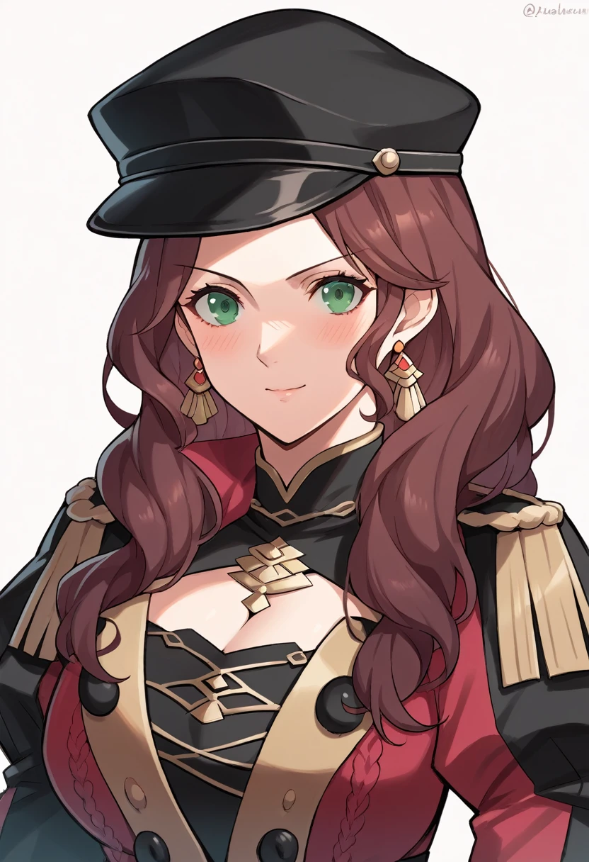 score_9, score_8_up, score_7_up, source_anime, Dorothea (Fire Emblem), bust shot, close-up, black headwear,  (black long-sleeve uniform), brown hair, dangle earrings, gold trim, green eyes, jewelry, large breasts, long hair, black peaked cap, black hat, looking at the viewer, smile, closed mouth, blush, seductive