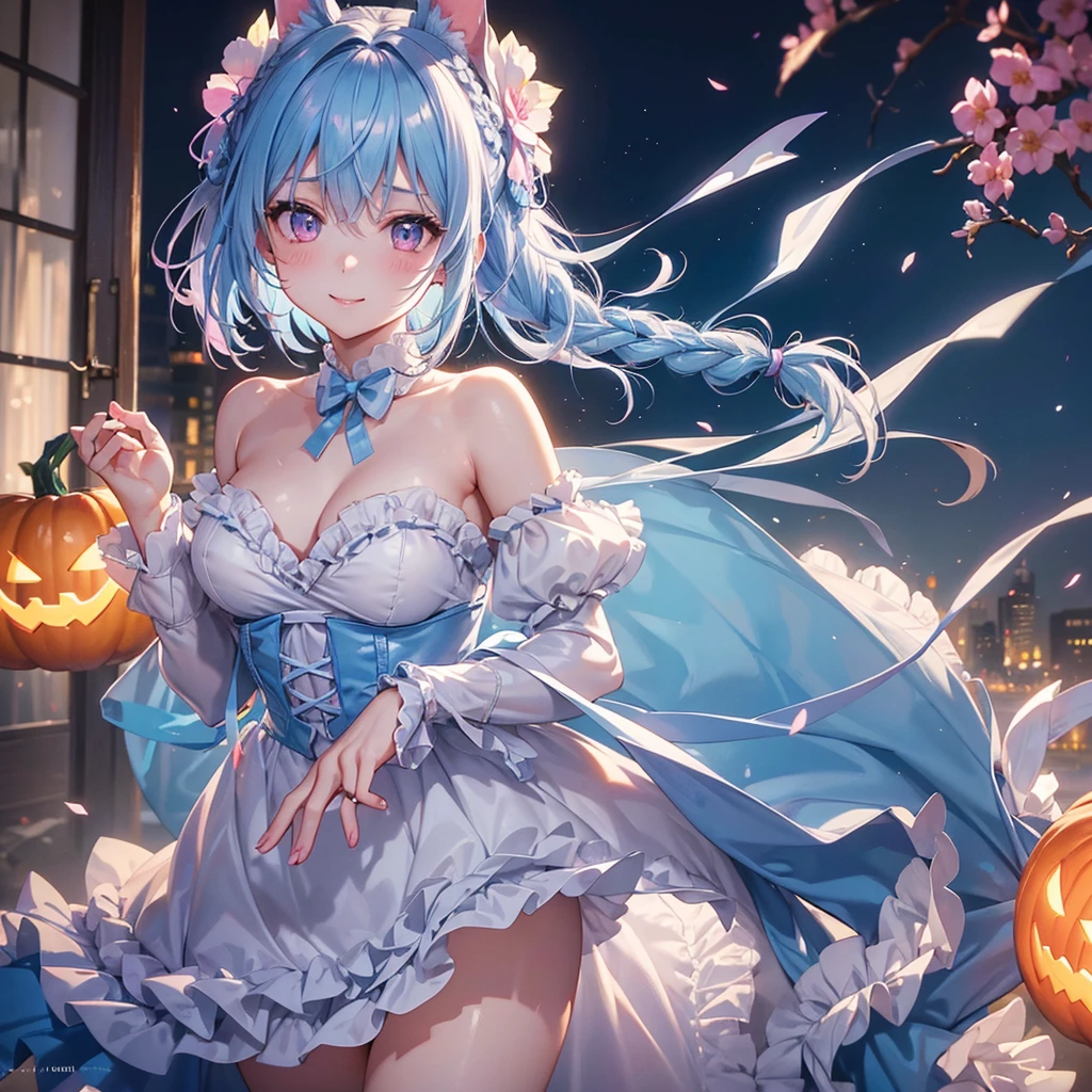 (Light blue medium hair),(Braided hair tied together)、Pink eyes、Fair skin、(whole body)、Halloween、Pumpkin ghost、Trick or Treat、Lollipop、Cosplay、Bunny girl、A surprising smile、A dignified figure、solo、(masterpiece、Highest quality、Very detailed、Best Shadow)、(Detailed Background)、(Beautifully detailed face)、High contrast、(Best lighting、Very delicate and beautiful)、((Cinematic Light))、colorful、Hyper Detail、Dramatic Light、Exquisite detail、