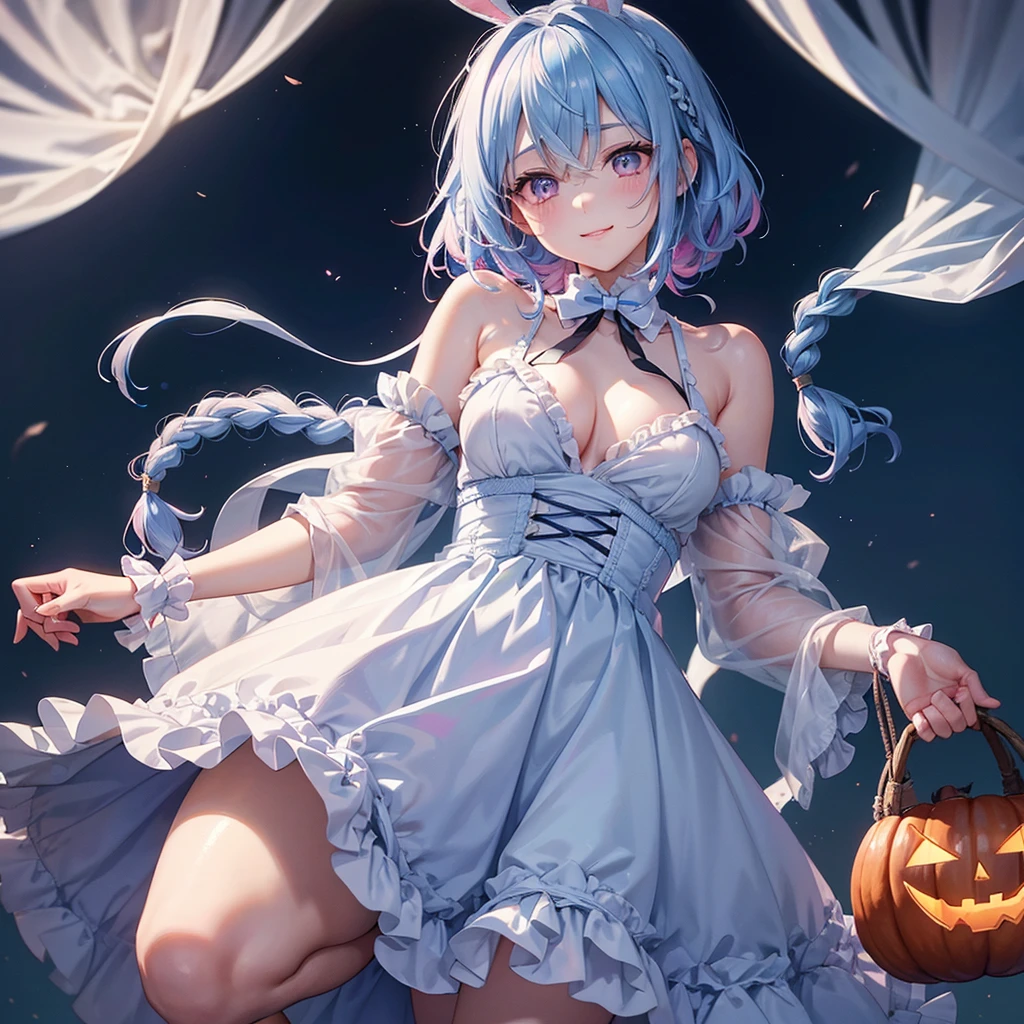 (Light blue medium hair),(Braided hair tied together)、Pink eyes、Fair skin、(whole body)、Halloween、Pumpkin ghost、Trick or Treat、Lollipop、Cosplay、Bunny girl、A surprising smile、A dignified figure、solo、(masterpiece、Highest quality、Very detailed、Best Shadow)、(Detailed Background)、(Beautifully detailed face)、High contrast、(Best lighting、Very delicate and beautiful)、((Cinematic Light))、colorful、Hyper Detail、Dramatic Light、Exquisite detail、