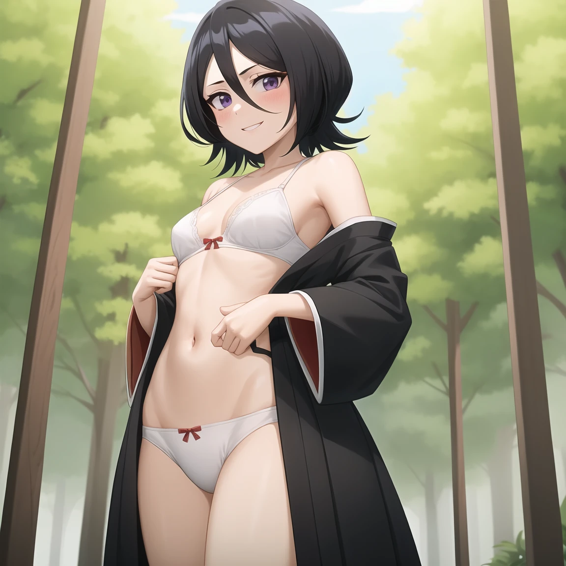 anime screencap, forest,path, 1girl, solo, , short hair, black hair, purple eyes, japanese clothes, smile, looking at viewer, black kimono, hair between eyes, cowboy shot, wide sleeves, facing viewer, black hakama,white_sash, , navel, hand on own stomach, looking down, blush, black bra, medium breasts,