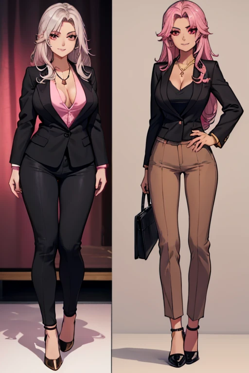 female, silver messy long hair, red eyes, tanned skin, (((1girl))), (((black blazer))), (pink shirt), (tan pants), (black heels), (necklace with gold pendant), cute and sexy, full body, big breasts, long legs, smiling, cleavage