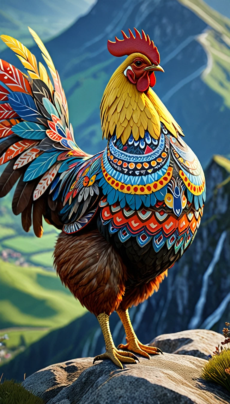 There is a bird on the mountain,Looks like a chicken,The body is covered with multicolored patterns,The pattern on its head is German,The pattern on the wings is a synonym,The pattern on the back is a ceremonial word,The pattern on the chest is the character of ren,The pattern on the stomach is letters(best quality,4K,8k,High level,masterpiece:1.2),Ultra Detailed,(lifelike,Photo real,Photo real:1.37),Highly detailed animals,Complex patterns,Realistic lighting,Fantasy Creatures
