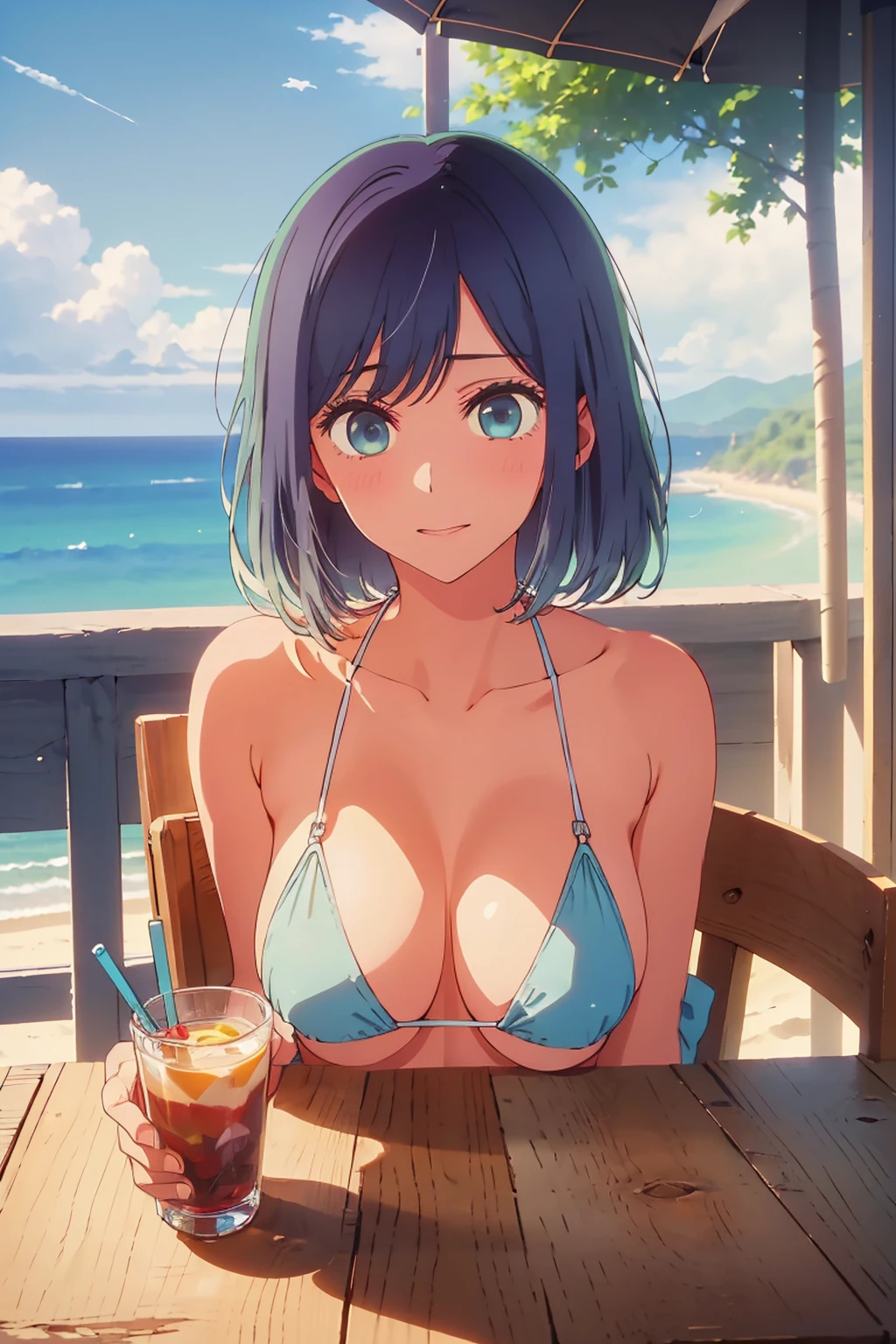 (Highest quality:1.4、masterpiece:1.4、Super detailed:1.4、8k:1.4)、((((1 person、Surprised expression、sit、Cafe Terrace、coastal、juice、table、Sandy Beach、juiceのグラスを持つ、Very soft 、Big eyes、Very cute face))))、(Areolas protrude from bikini:1.4、nipples protrude from bikini:1.2)、F cup bust、Medium breast、Underboob