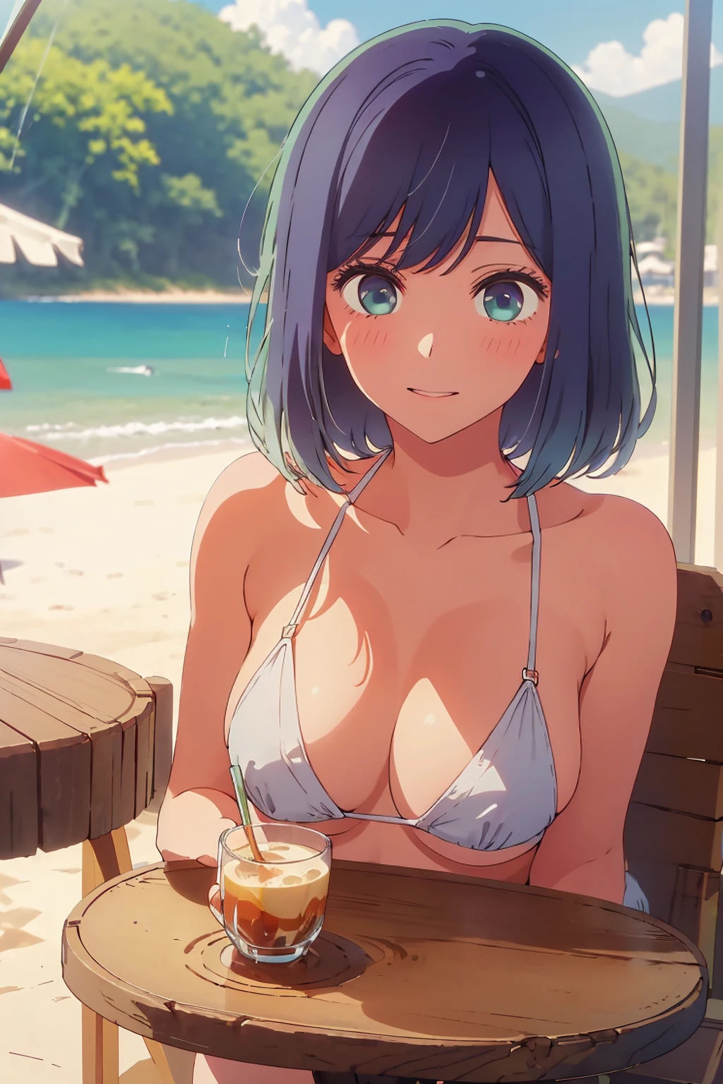 (Highest quality:1.4、masterpiece:1.4、Super detailed:1.4、8k:1.4)、((((1 person、Surprised expression、sit、Cafe Terrace、coastal、juice、table、Sandy Beach、juiceのグラスを持つ、Very soft 、Big eyes、Very cute face))))、(Areolas protrude from bikini:1.4、nipples protrude from bikini:1.2)、F cup bust、Medium breast、Underboob