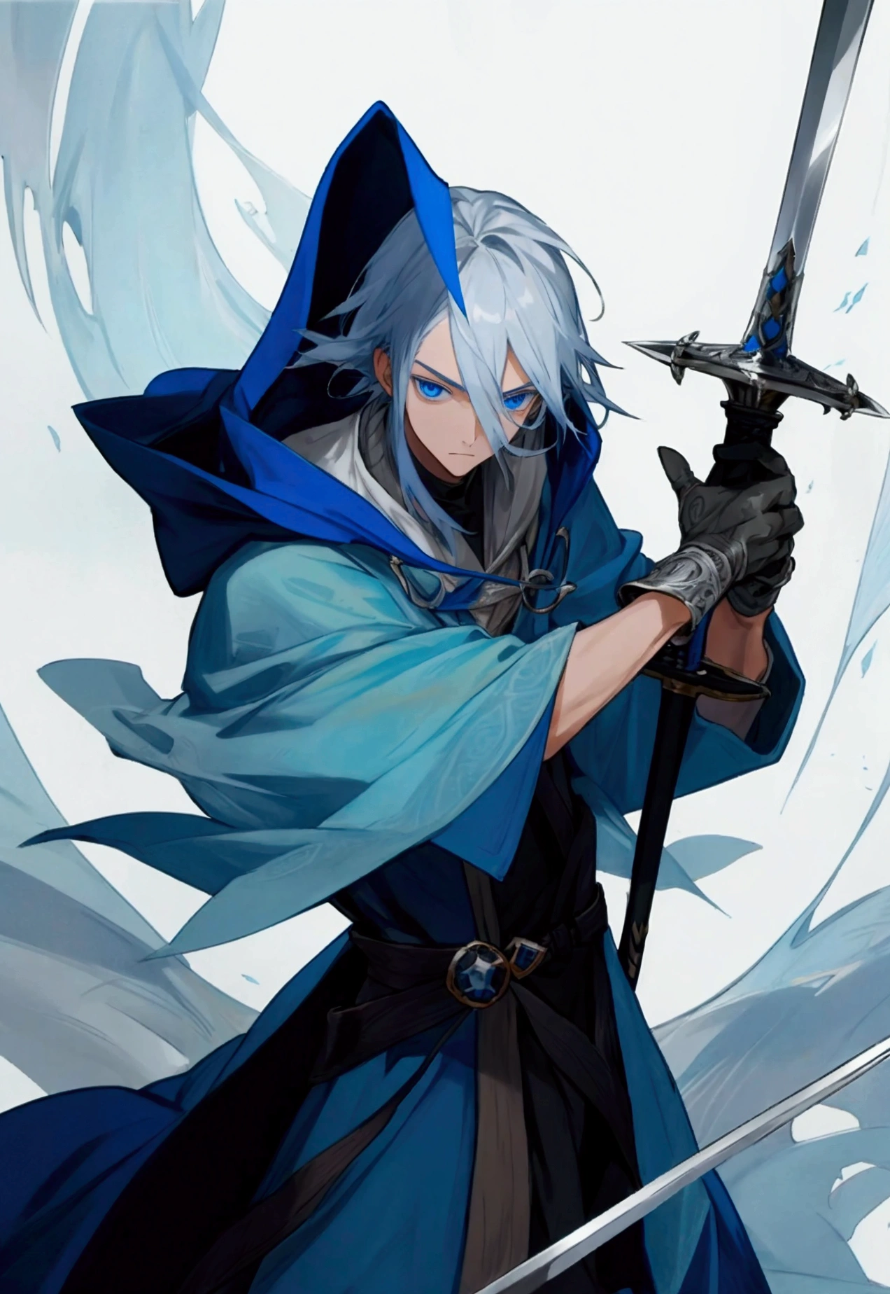 Wizard a young man, he has a silver hair and blue eyes, he wear a hood and wear gloves , hold sword with hand.
