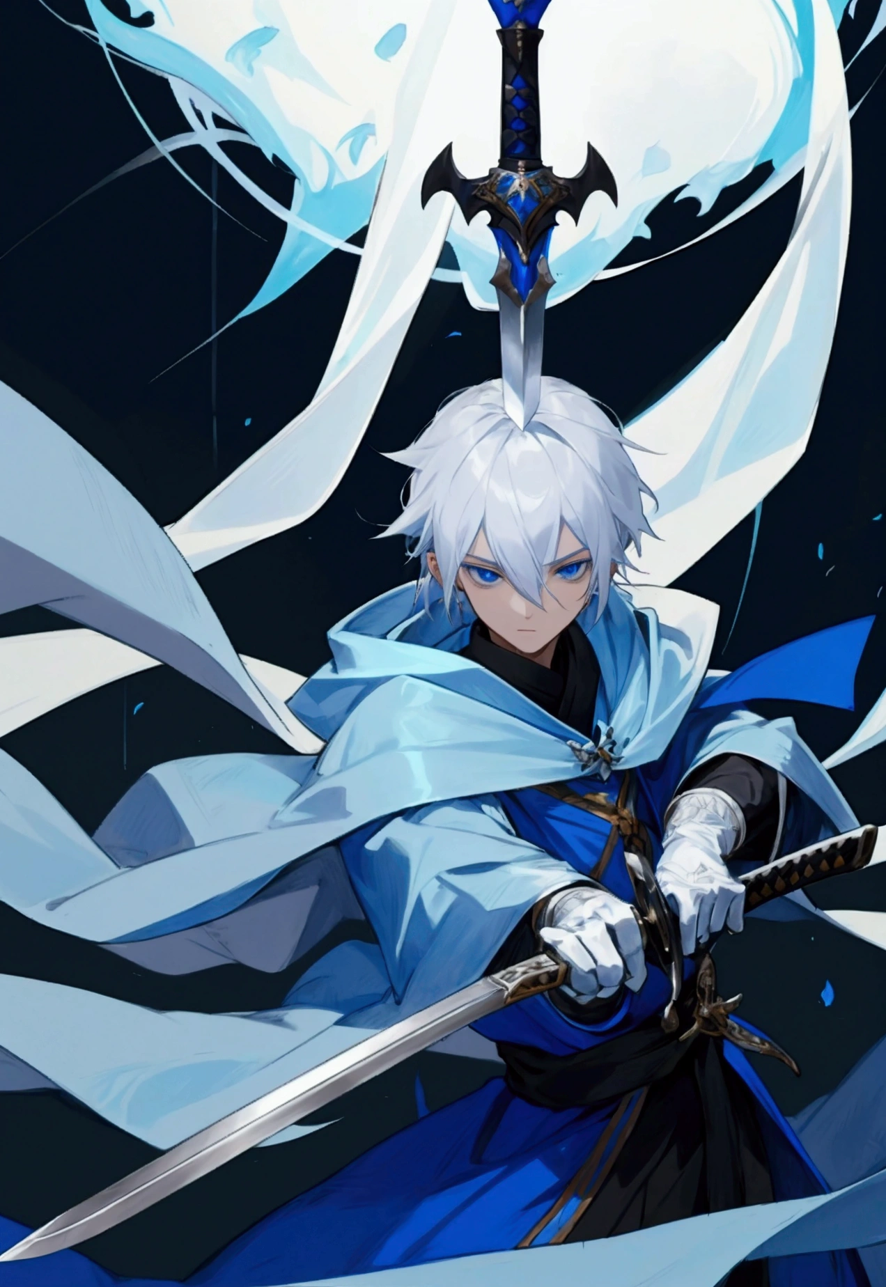 Wizard a young man, he has a silver hair and blue eyes, he wear a hood and wear gloves , hold sword with hand.