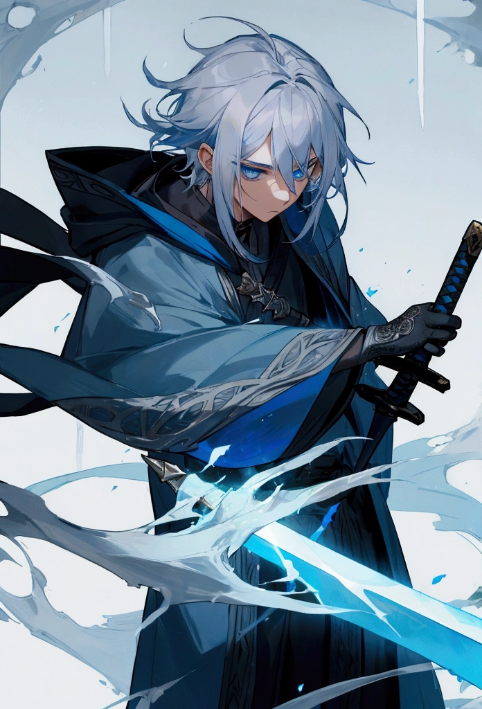 Wizard a young man, he has a silver hair and blue eyes, he wear a hood and wear gloves , hold sword with hand.