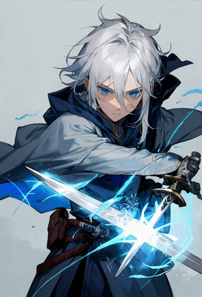 Wizard a young man, he has a silver hair and blue eyes, he wear a hood and wear gloves , hold sword with hand.