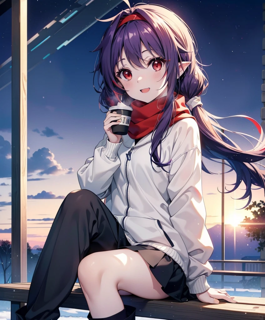 yuukikonno, Konno Yuuki, Long Hair, Pointed Ears, Purple Hair, (Red eyes:1.5), (Small breasts:1.2), Open your mouth,happy smile, smile, Open your mouth,hair band,low twin tail,Red Scarf,Oversized purple hoodie,Long skirt,Black pantyhose,short boots,Holding a paper cup of coffee in both hands,Sitting on a bench,snowが降っている,snowが降り積もっている,snow,snow,snow,snow,snowが積もった木,winter,Cold Sky,night,whole bodyがイラストに入るように,
break looking at viewer,  whole body,
break outdoors, garden,
break (masterpiece:1.2), Highest quality, High resolution, unity 8k wallpaper, (figure:0.8), (Beautiful attention to detail:1.6), Highly detailed face, Perfect lighting, Highly detailed CG, (Perfect hands, Perfect Anatomy),