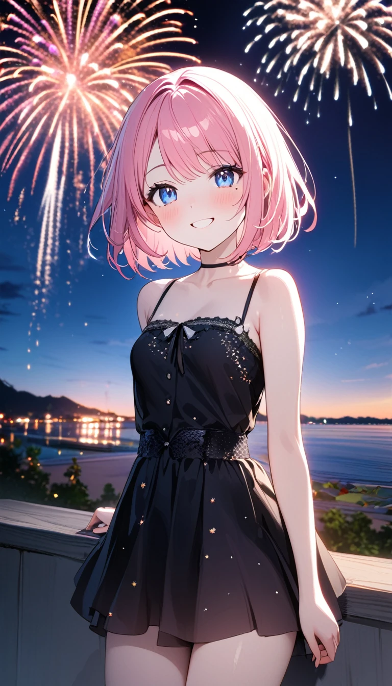 (1 girl),(Best Picture Quality, 8K, Masterpiece:1.3), (high  student:1.5), ((pink lob hair:1.1)), (bob cut),(swept bangs), (cute eyes, pupil black, iris skyblue, youthful face), (mole under right eye), (standard weight), (small breasts), (glistening skin:1.1),(pale skin:1.2),(fireworks:1.2),((Nymphet fashion)),((summer scene:1.2)),(magnificent view),(Smile).