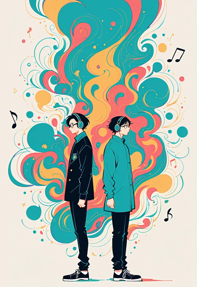 Watase Seizo style, Standing in front of a wall,Simple line initials,Abstract art,A simple background with scattered musical notes, Wear headphones, Large black-rimmed glasses, (((The most beautiful men))), (((a bit)))