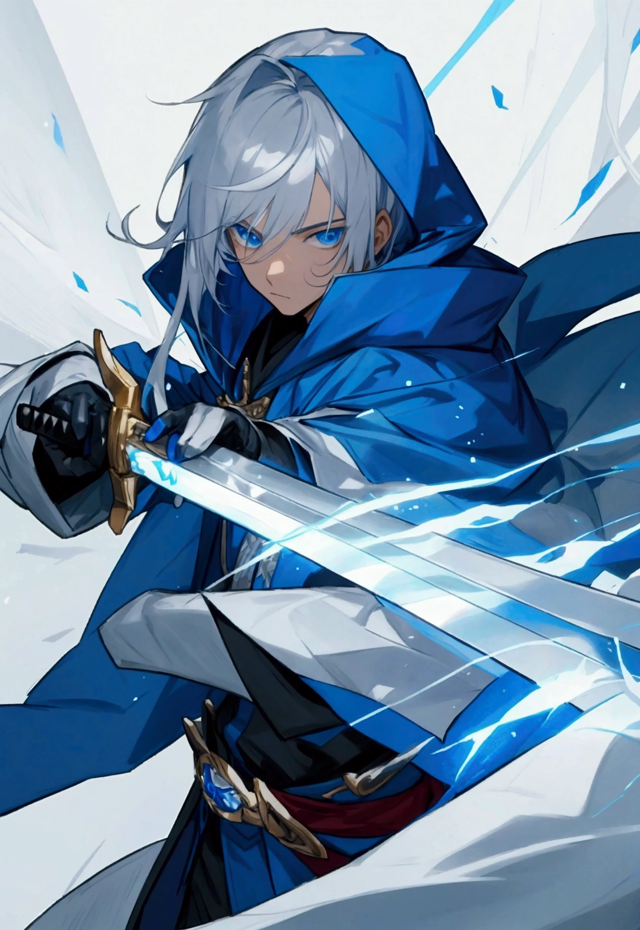 Wizard a young man, he has a silver hair and blue eyes, he wear a hood and wear gloves , hold sword with hand.
