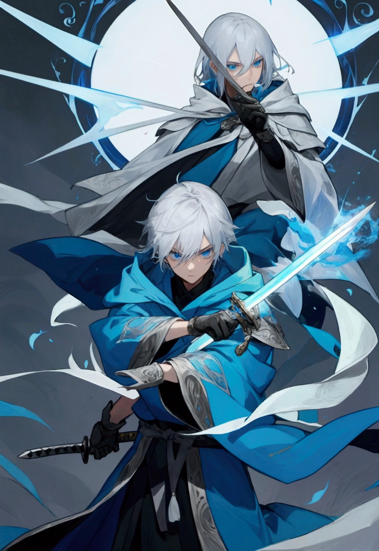 Wizard a young man, he has a silver hair and blue eyes, he wear a hood and wear gloves , hold sword with hand.
