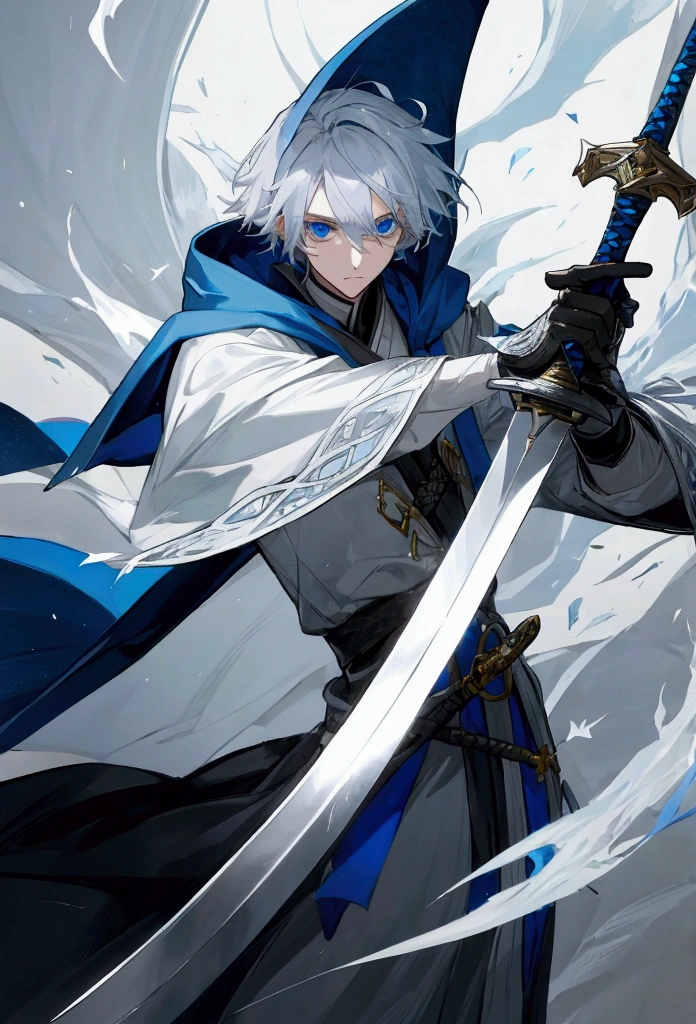 Wizard a young man, he has a silver hair and blue eyes, he wear a hood and wear gloves , hold sword with hand.