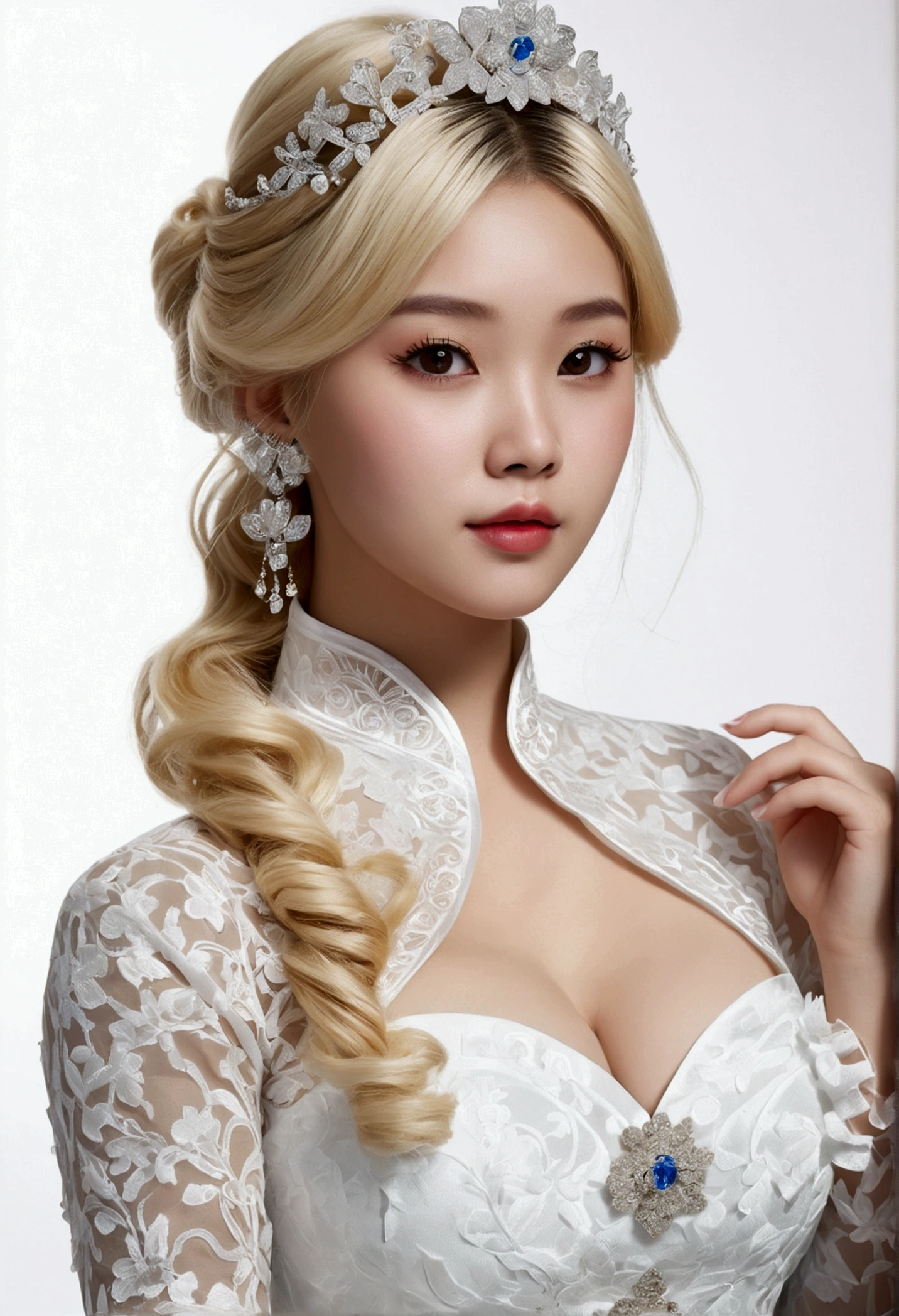 (((shoot from above、forehead、Chubby、Round face、China dress、Ao Dai、race、Frills、Decoration、See-through、White Blonde Hair、Northern Europe、White people、beautiful girl、Blonde、White background、cute、Young、True Face、Shiny Hair、whole body)))、table top, highest quality, figure, super detailed, finely, High resolution, 8k wallpaper, Perfect dynamic composition, detailed and beautiful eyes, Deco out,bionde, medium hair, big breasts, Natural color lip,white background, random cute poses,frill dress