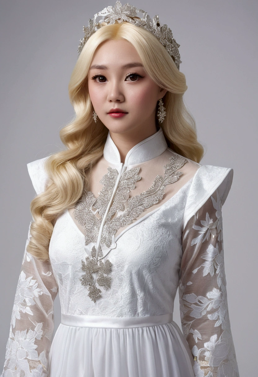 (((shoot from above、forehead、Chubby、Round face、China dress、Ao Dai、race、Frills、Decoration、See-through、White Blonde Hair、Northern Europe、White people、beautiful girl、Blonde、White background、cute、Young、True Face、Shiny Hair、whole body)))、table top, highest quality, figure, super detailed, finely, High resolution, 8k wallpaper, Perfect dynamic composition, detailed and beautiful eyes, Deco out,bionde, medium hair, big breasts, Natural color lip,white background, random cute poses,frill dress