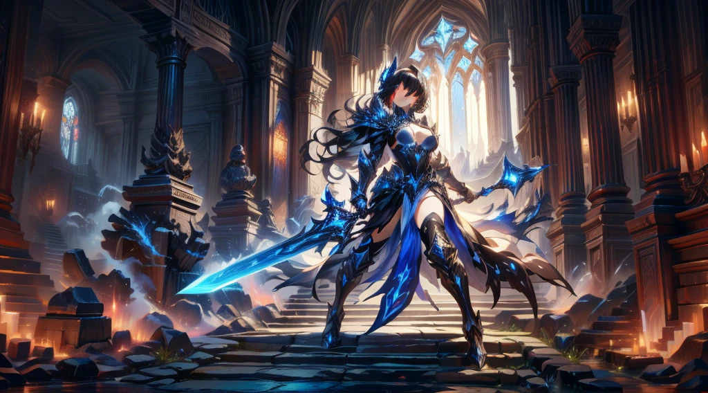 masterpiece, best quality, high quality, detailed, ultra detailed, hyper detailed, insanely detailed, exquisite, beautiful, FHD, Full-HD, 4K, 8K, 16K, highres, absurdres,Overall reddish black, ((1girl)), full body,medium shot,mystic knight, serious look, sword fighting, covering one eye, black hair, red eyes, armor, long boots, with a sword, fantasy,hailoknight, holding sword, holding weapon