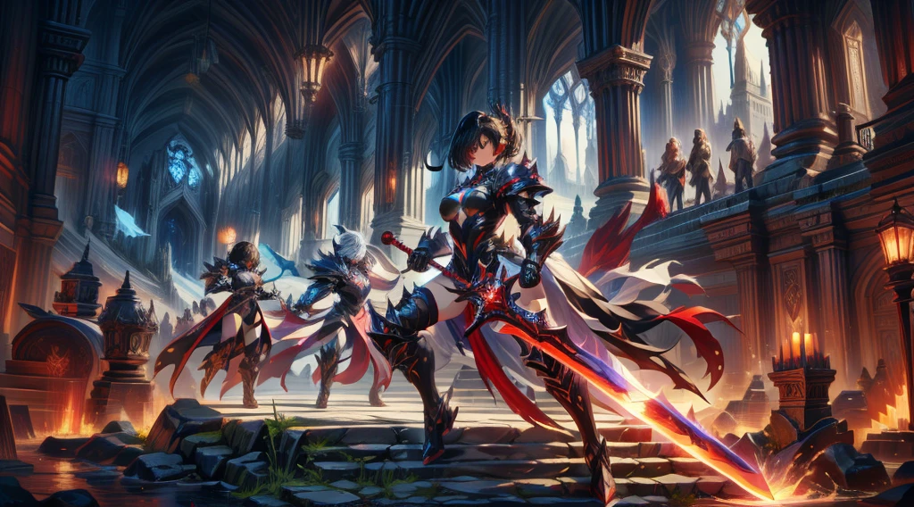 masterpiece, best quality, high quality, detailed, ultra detailed, hyper detailed, insanely detailed, exquisite, beautiful, FHD, Full-HD, 4K, 8K, 16K, highres, absurdres,Overall reddish black, ((1girl)), full body,medium shot,mystic knight, serious look, sword fighting, covering one eye, black hair, red eyes, armor, long boots, with a sword, fantasy,hailoknight, holding sword, holding weapon