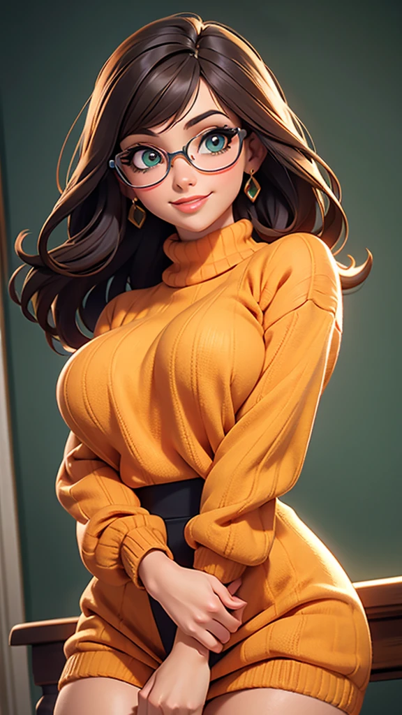 HD, 8k quality, masterpiece, Velma, dream girl huge tits, beautiful face, kissing lips, long bob hairstyle, long bangs, perfect makeup, realistic face, detailed eyes, green eyes, brunette hair, eyelashes, smile grin, library, showing cameltoe, eyes at viewer, orange knitted turtleneck sweater, clear lens glasses, red school girl skirt, view from below,