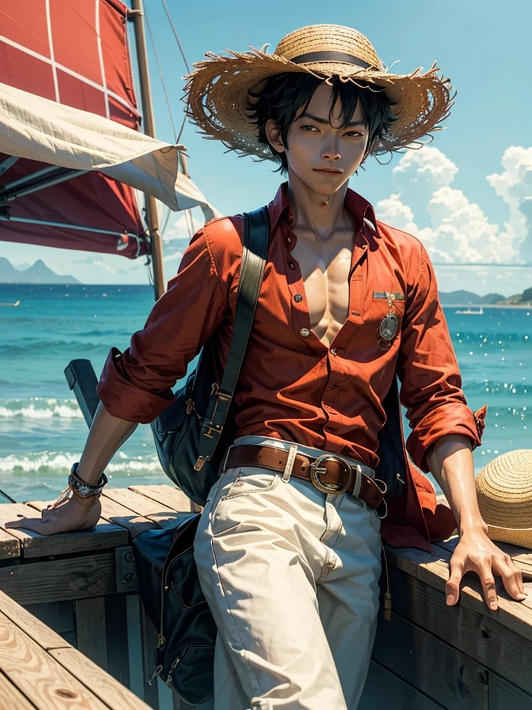 A strong cute Monkey D. Luffy stands confidently on the ship's deck, korean male face, cute face, beautiful face, wearing red full sleeve shirt, unbuttoned, wearing yellow straw hat, his eyes are sparkling with determination and his lips are curled up in a mischievous smile,With his straw hat tilted to the side, he looks ready for an adventure, highly detailed body, highly detailed skin, highly detailed eyes, vibrant colors and ultra-fine details, high resolution , 8K, masterpiece, vibrant