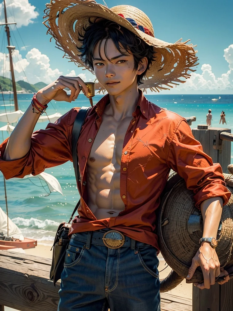 A strong cute Monkey D. Luffy stands confidently on the ship's deck, korean male face, cute face, beautiful face, wearing red full sleeve shirt, unbuttoned, wearing yellow straw hat, his eyes are sparkling with determination and his lips are curled up in a mischievous smile,With his straw hat tilted to the side, he looks ready for an adventure, highly detailed body, highly detailed skin, highly detailed eyes, vibrant colors and ultra-fine details, high resolution , 8K, masterpiece, vibrant