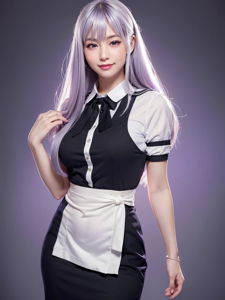 One girl,Beautiful vintage colors, Instagram (photoRealistic, High resolution:1.4), ((Puffy eyes)), View your viewers, , whole body (8k, RAW Photos, Highest quality, masterpiece:1.2), (Realistic, photo-Realistic:1.37),(Sharp focus:1.2), Professional Lighting, Photon Mapping, Radio City, Physically Based Rendering, (Pale skin:1.2),(Small breasts:1.2), View your viewers, (Mid-length hair:1.5), Portraiture, Purple eyes, (Silver Hair:1.1),bangs, (Simple Background:1.4), alone, Upper Body, Realistic,(masterpiece:1.4),(Highest quality:1.4),(Glowing Skin),Fashionable Girl,compensate,smile(skinny,Mouth closed,shy :1.3) ,(Are standing,Black stewardess uniform,Necromancer:1.1),Medium Bust,Sexy pose ,
