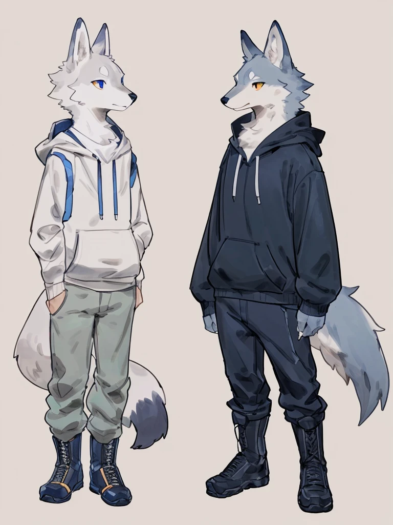 ((Best quality, masterpiece, detailed anatomy, detailed eyes, detailed hands, perfect lighting, perfect shading, no color, sketch line art)), by Buta99, by Bebebebebe, 1male, Wolf, furs, tight body, eyes, skinny chub body, young body, sleeveless hoodie, pants, boots, at the white background